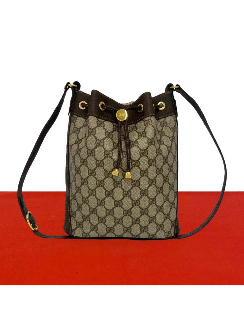 Gucci Vintage Sherry Line GG Logo Leather Drawstring Shoulder Bag Brown